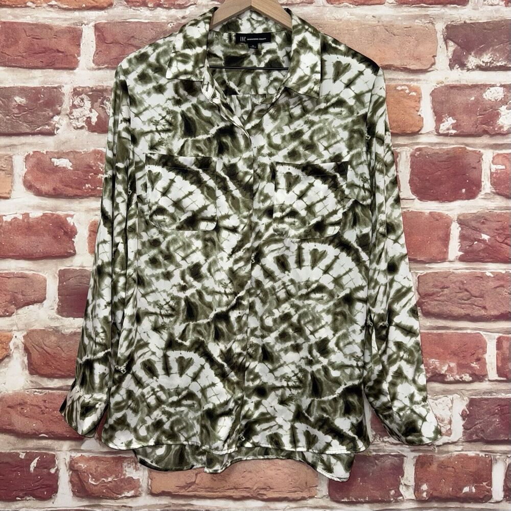INC Top Women's XL Green Multicolor Boho Tie Dye Abstract Satin Button Up Shirt